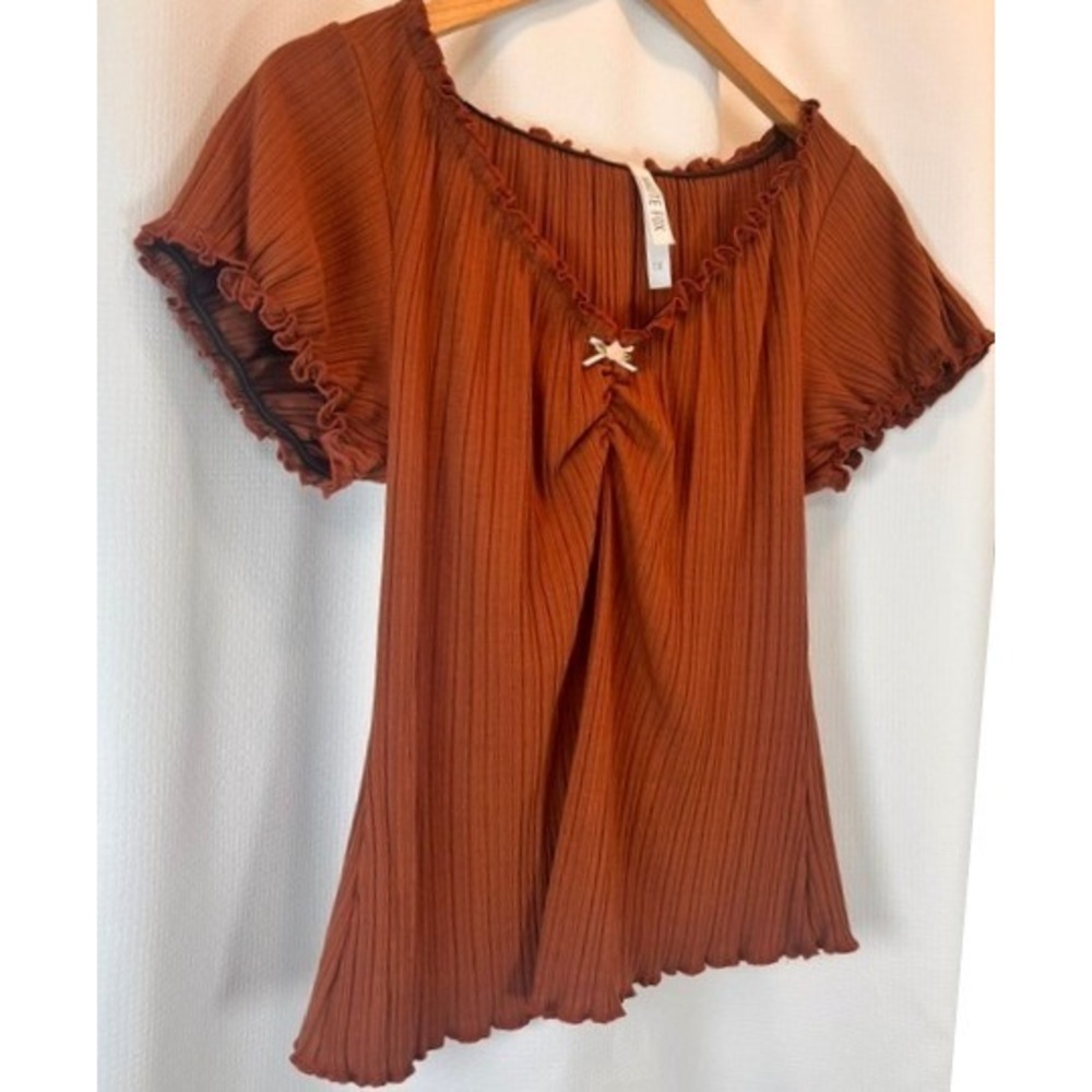 Haute Fox 1X Plus Rust Plissé Micro Pleat Ruffle Coquette Lettuce Hem Bow Top - Picture 9 of 9